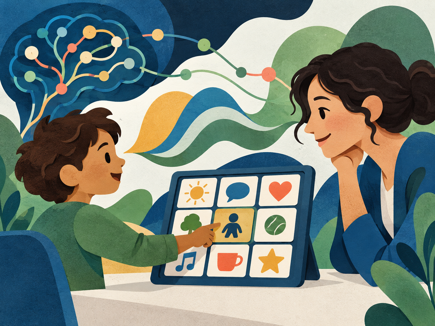 Ilustración de una persona infantil eligiendo pictogramas mientras una profesional la escucha; ondas representan comunicación y cerebro.